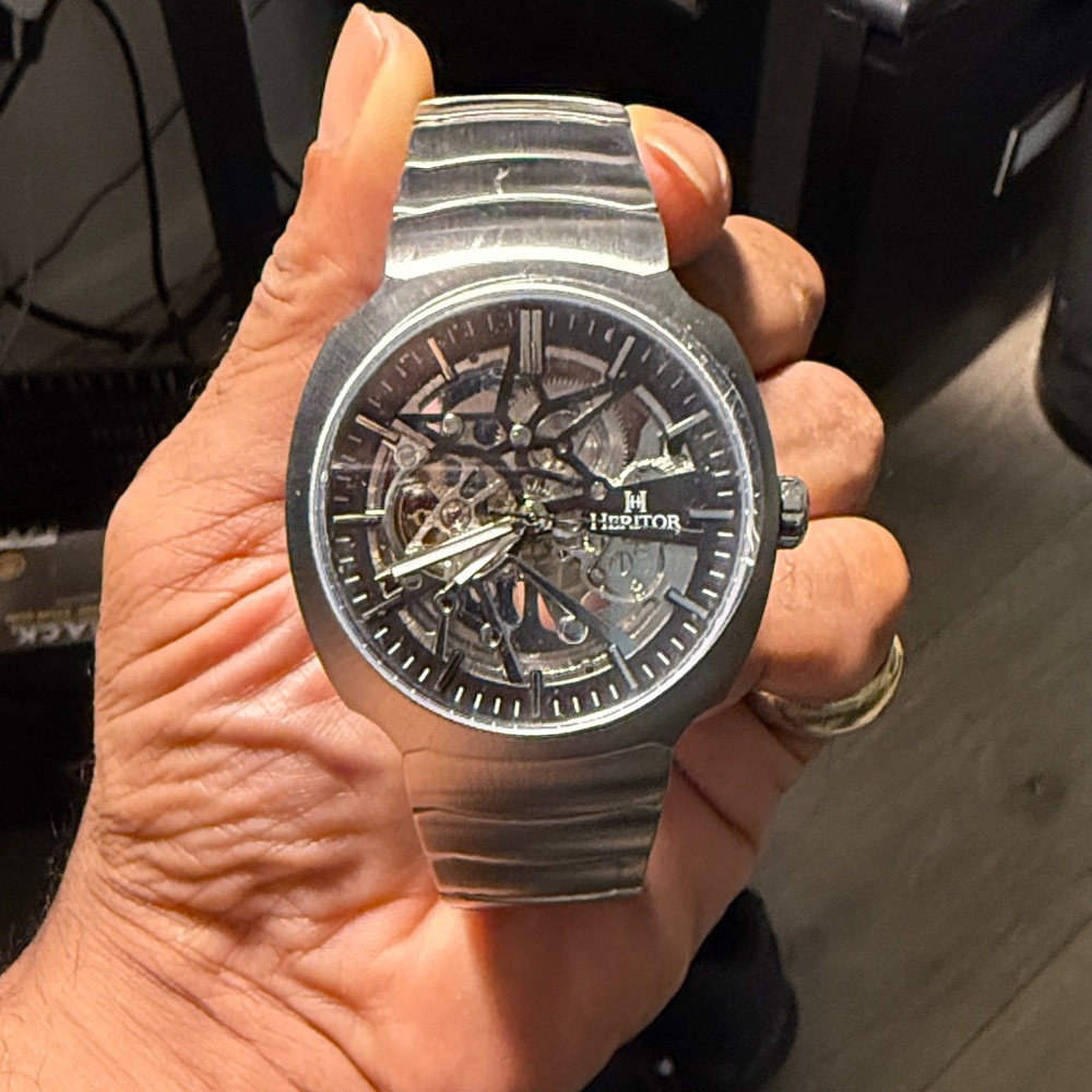 Men's Black Skeleton Automatic Watch with Stainless Finish